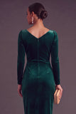 Burgundy Velvet Sheath Cowl Neck Ruched Long Formal Dress with Sleeves