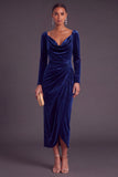 Burgundy Velvet Sheath Cowl Neck Ruched Long Formal Dress with Sleeves