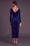 Burgundy Velvet Sheath Cowl Neck Ruched Long Formal Dress with Sleeves