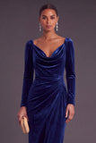 Burgundy Velvet Sheath Cowl Neck Ruched Long Formal Dress with Sleeves
