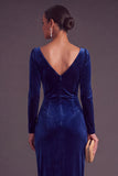 Burgundy Velvet Sheath Cowl Neck Ruched Long Formal Dress with Sleeves