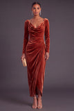 Burgundy Velvet Sheath Cowl Neck Ruched Long Formal Dress with Sleeves