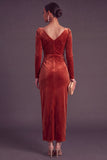 Burgundy Velvet Sheath Cowl Neck Ruched Long Formal Dress with Sleeves