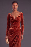 Burgundy Velvet Sheath Cowl Neck Ruched Long Formal Dress with Sleeves