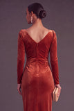 Burgundy Velvet Sheath Cowl Neck Ruched Long Formal Dress with Sleeves