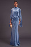 Sparkly Blue Velvet Mermaid High Neck Long Formal Dress with Sleeves