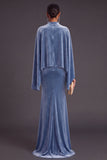 Sparkly Blue Velvet Mermaid High Neck Long Formal Dress with Sleeves