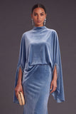 Sparkly Blue Velvet Mermaid High Neck Long Formal Dress with Sleeves