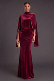 Sparkly Blue Velvet Mermaid High Neck Long Formal Dress with Sleeves