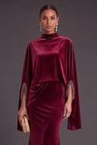 Sparkly Blue Velvet Mermaid High Neck Long Formal Dress with Sleeves