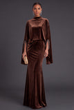Sparkly Blue Velvet Mermaid High Neck Long Formal Dress with Sleeves