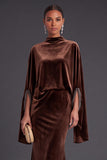 Sparkly Blue Velvet Mermaid High Neck Long Formal Dress with Sleeves