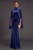 Sparkly Blue Velvet Mermaid High Neck Long Formal Dress with Sleeves