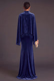 Sparkly Blue Velvet Mermaid High Neck Long Formal Dress with Sleeves