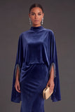 Sparkly Blue Velvet Mermaid High Neck Long Formal Dress with Sleeves