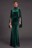 Sparkly Blue Velvet Mermaid High Neck Long Formal Dress with Sleeves