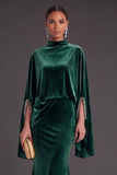 Sparkly Blue Velvet Mermaid High Neck Long Formal Dress with Sleeves