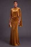 Sparkly Blue Velvet Mermaid High Neck Long Formal Dress with Sleeves