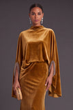 Sparkly Blue Velvet Mermaid High Neck Long Formal Dress with Sleeves