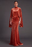 Sparkly Blue Velvet Mermaid High Neck Long Formal Dress with Sleeves