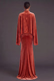 Sparkly Blue Velvet Mermaid High Neck Long Formal Dress with Sleeves