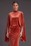 Sparkly Blue Velvet Mermaid High Neck Long Formal Dress with Sleeves