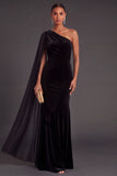 Black Mermaid One Shoulder Velvet Long Formal Dress with Cape