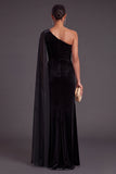 Black Mermaid One Shoulder Velvet Long Formal Dress with Cape