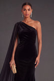 Black Mermaid One Shoulder Velvet Long Formal Dress with Cape