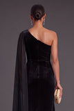 Black Mermaid One Shoulder Velvet Long Formal Dress with Cape