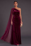 Black Mermaid One Shoulder Velvet Long Formal Dress with Cape