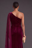 Black Mermaid One Shoulder Velvet Long Formal Dress with Cape