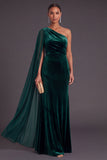 Black Mermaid One Shoulder Velvet Long Formal Dress with Cape