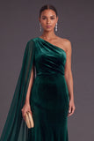 Black Mermaid One Shoulder Velvet Long Formal Dress with Cape