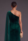 Black Mermaid One Shoulder Velvet Long Formal Dress with Cape