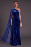 Black Mermaid One Shoulder Velvet Long Formal Dress with Cape