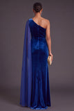 Black Mermaid One Shoulder Velvet Long Formal Dress with Cape