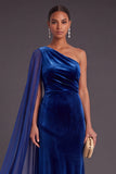 Black Mermaid One Shoulder Velvet Long Formal Dress with Cape