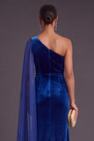 Black Mermaid One Shoulder Velvet Long Formal Dress with Cape