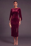Burgundy Velvet Sheath Boat Neck Midi Formal Dress with Slit