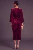 Burgundy Velvet Sheath Boat Neck Midi Formal Dress with Slit