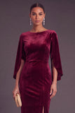 Burgundy Velvet Sheath Boat Neck Midi Formal Dress with Slit