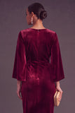 Burgundy Velvet Sheath Boat Neck Midi Formal Dress with Slit