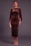 Burgundy Velvet Sheath Boat Neck Midi Formal Dress with Slit