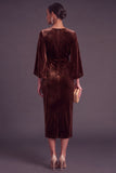 Burgundy Velvet Sheath Boat Neck Midi Formal Dress with Slit