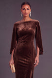 Burgundy Velvet Sheath Boat Neck Midi Formal Dress with Slit