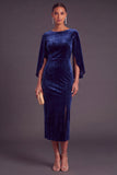 Burgundy Velvet Sheath Boat Neck Midi Formal Dress with Slit