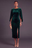 Burgundy Velvet Sheath Boat Neck Midi Formal Dress with Slit