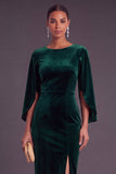 Burgundy Velvet Sheath Boat Neck Midi Formal Dress with Slit