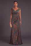 Dark Green Sheath V-Neck Ruched Maxi Formal Dress
